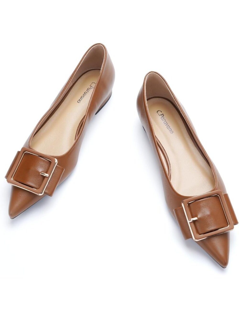 Women's Brown Pointed Toe Square Buckle Flats Elegant Leather Office Dress Shoes